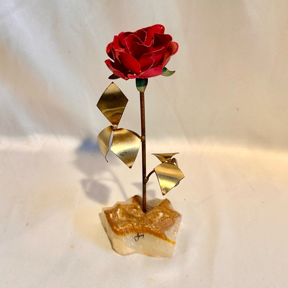 Mid-Century Enameled Brass Red Rose Flower Sculpture on Stone Base